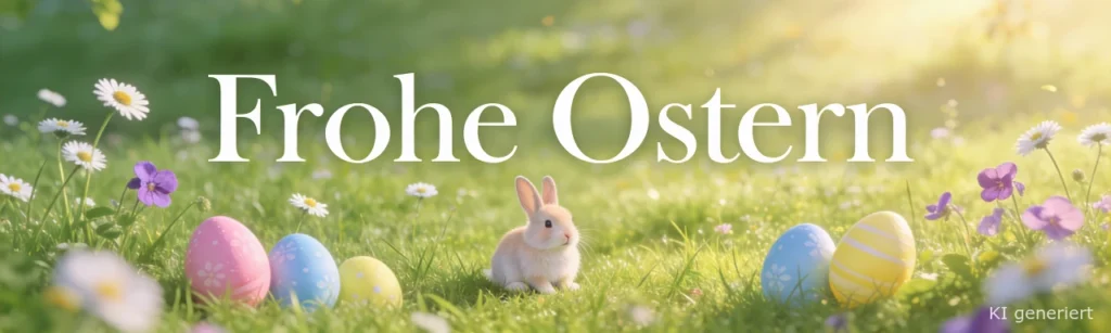 Ein kleiner Hase sitzt im Gras, umgeben von dekorierten Ostereiern und Blumen im Sonnenlicht. In großer weißer Schrift steht "Frohe Ostern". In der rechten unteren Ecke steht "KI generiert" mit dem Logo von Döhler Autoservice und Kommunaltechnik.